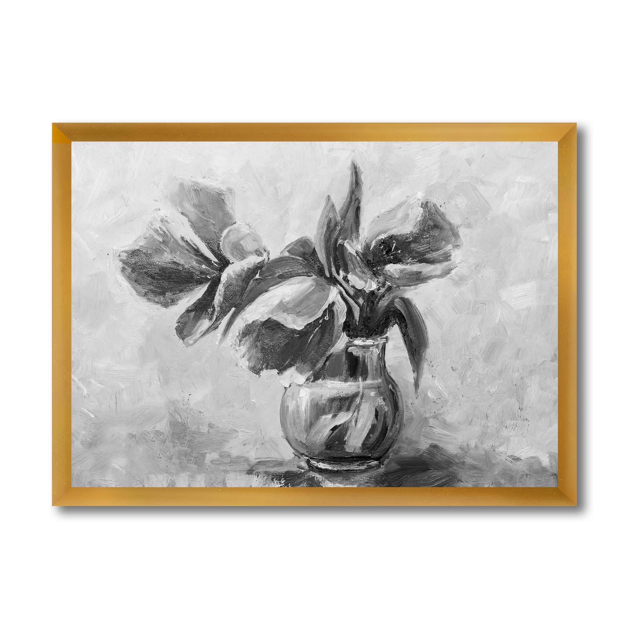 DesignQ Monochrome Still Life Flower Vase Painting - Traditional Framed Wall Art Decor for Living Room, Bedroom & Office