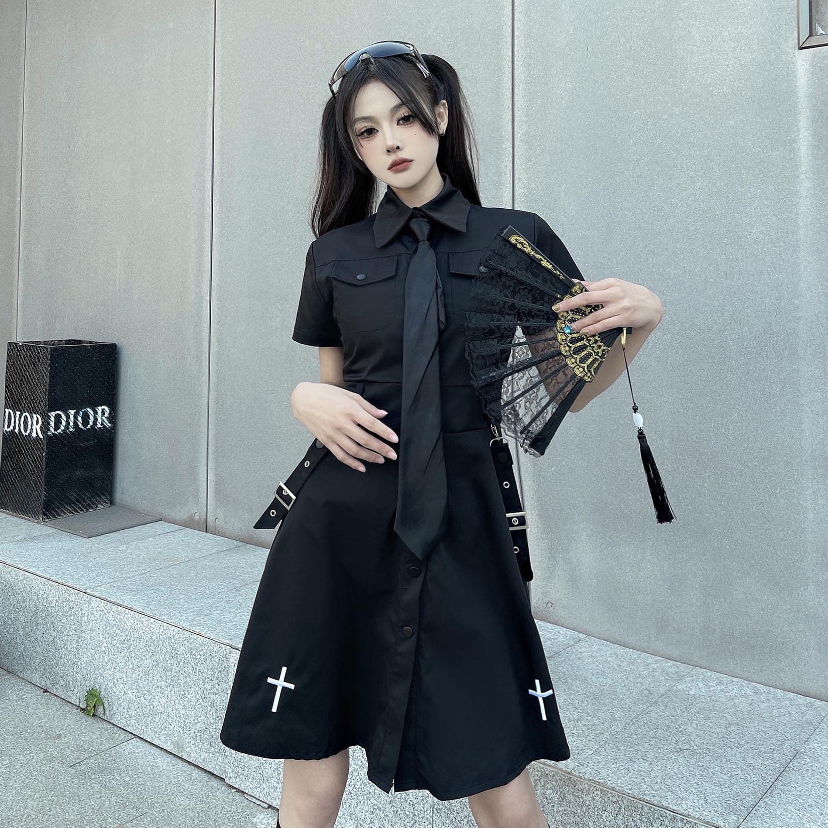 Gothic Black Dress for Women - Summer Academy Style with Tie Cross Detail | Retro Harajuku Emo Fashion | Perfect for Parties, Concerts, and Gothic Events