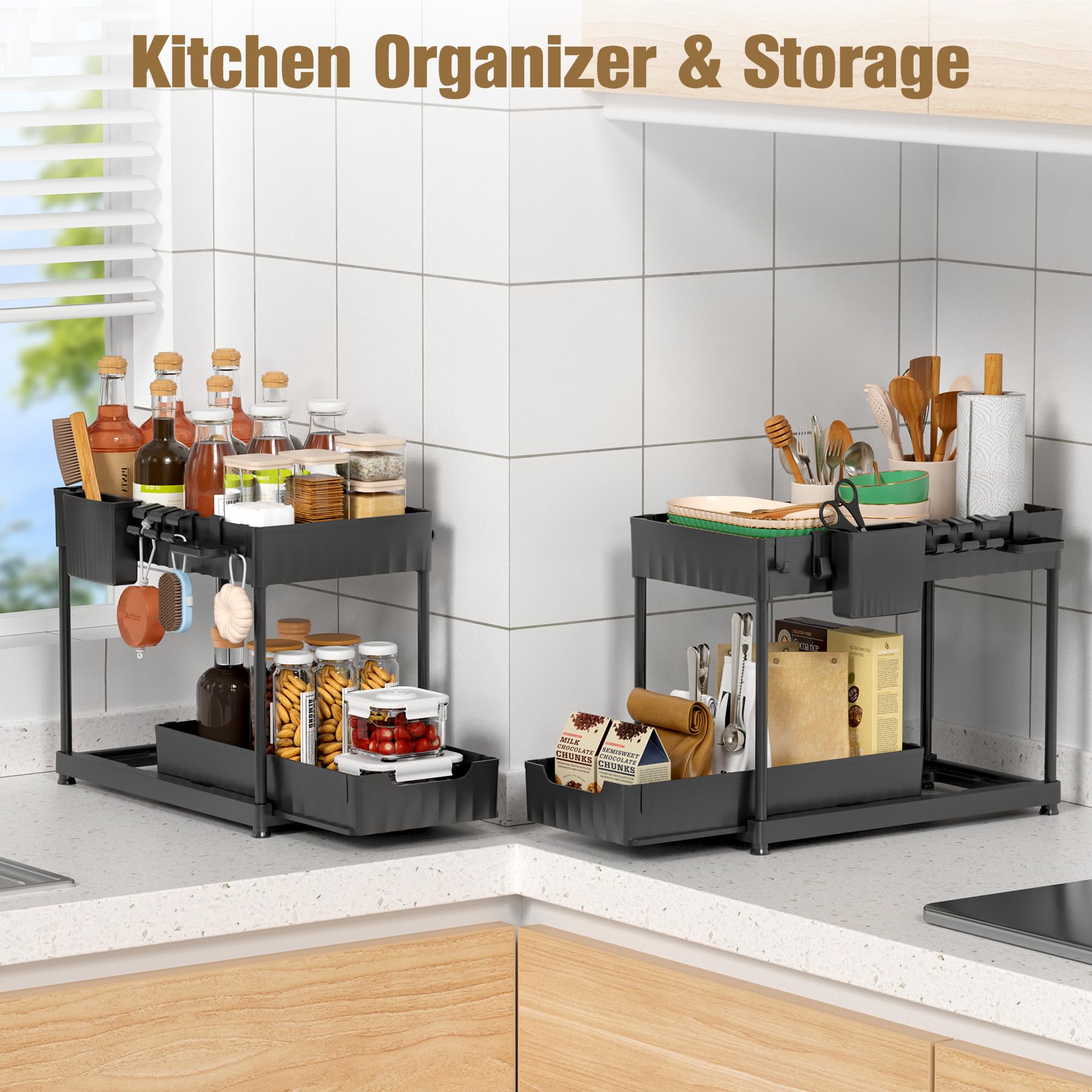 2-Pack Under Sink Organizer Set - Durable ABS Material 2-Tier Sliding Kitchen & Bathroom Storage with Hanging Cups - Space-Saving Cabinet Organizer for Sponges, Soaps & Cleaning Supplies (Black) - Perfect for Small Kitchens, Bathrooms & RVs
