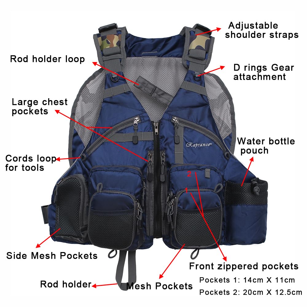 Raprance Fishing Vest for Men & Women - Lightweight Fly Bass Fishing Vest with Backpack, Adjustable & Breathable (Blue, FV01) - Perfect for Outdoor Fishing, Hiking & Camping