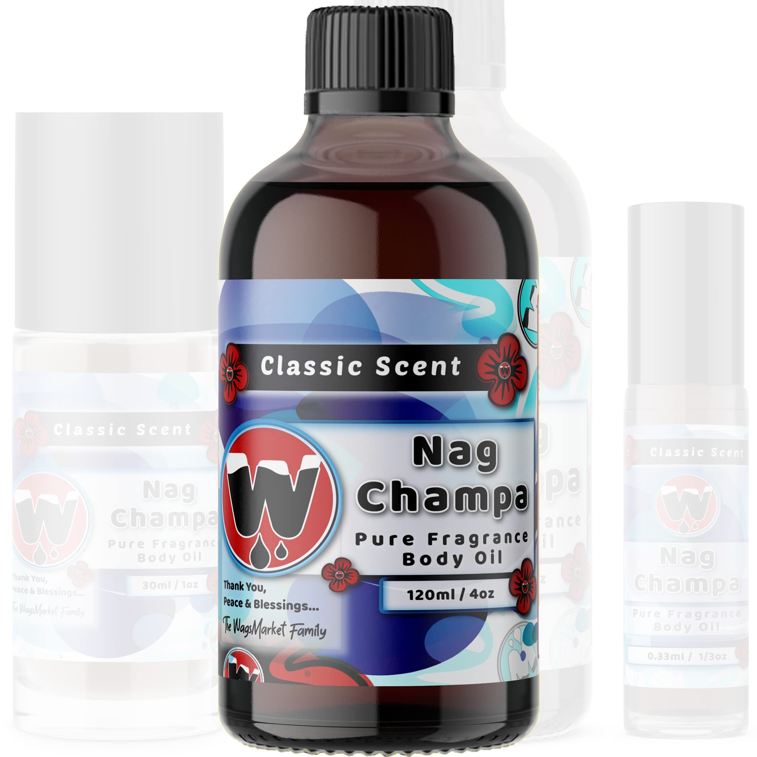 WagsMarket Nag Champa Perfume Oil - 0.33oz Roll On to 4oz Glass Bottle (4oz Size) | Aromatic Essential Oil for Meditation, Yoga & Home Fragrance