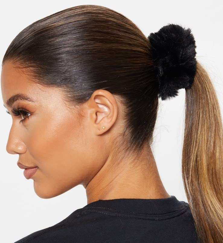 Barakath Black Faux Fur Hair Scrunchies - 50 Pack Soft Fuzzy Elastic Hair Bands for Women & Girls, Ponytail Holders & Hair Accessories - Perfect for Gifts, Parties, Workouts and Everyday Use