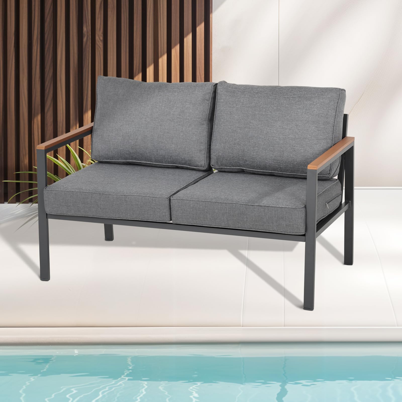 Modern Aluminum Outdoor Loveseat - All-Weather 2-Seater Patio Sofa with Olefin Cushions | Durable Metal Garden Furniture for Deck, Backyard & Poolside Relaxation | Grey Contemporary Outdoor Seating Solution