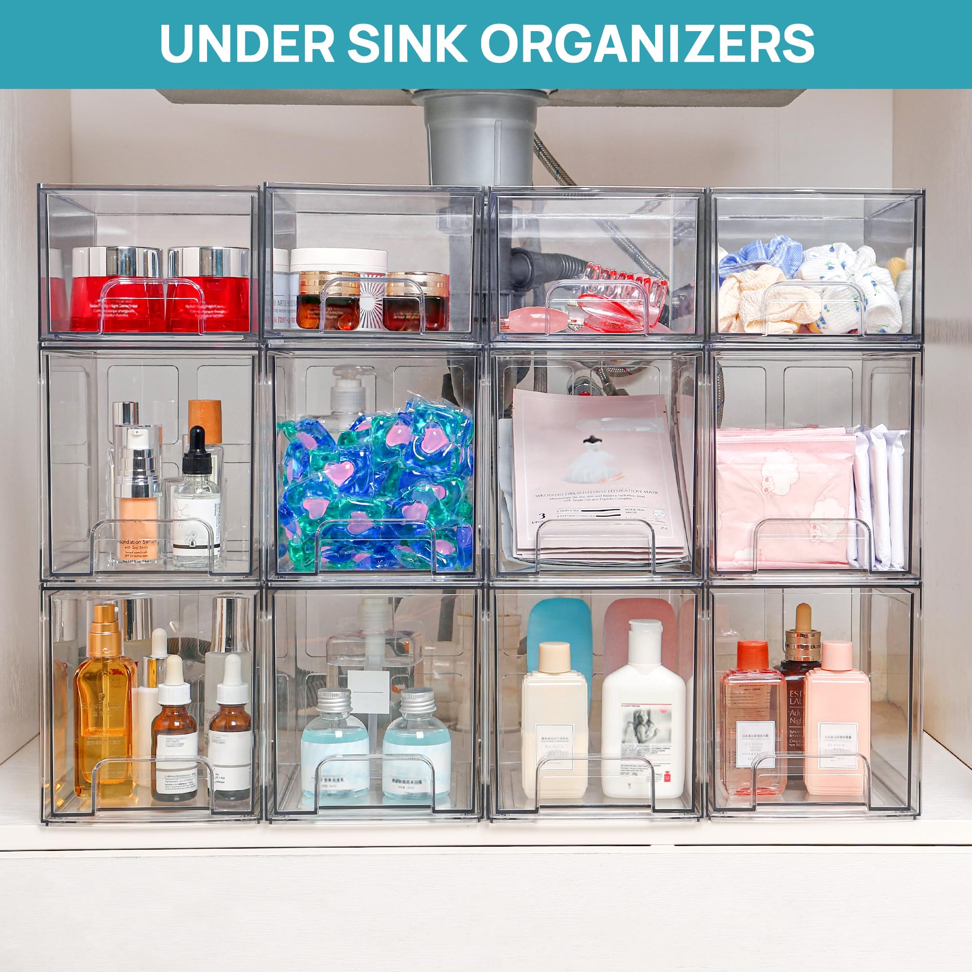 Vtopmart 2-Pack Clear Acrylic Stackable Drawers - Bathroom & Kitchen Storage Organizer for Vanity, Undersink