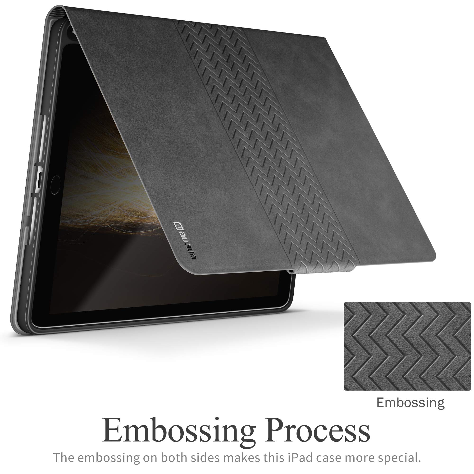 Premium Vegan Leather iPad Case for iPad 9th/8th/7th Gen 10.2 inch (2021/2020/2019 Models) - with Apple Pencil Holder & Auto Sleep/Wake Smart Cover - Protective Gray Cover for Work, School & Travel