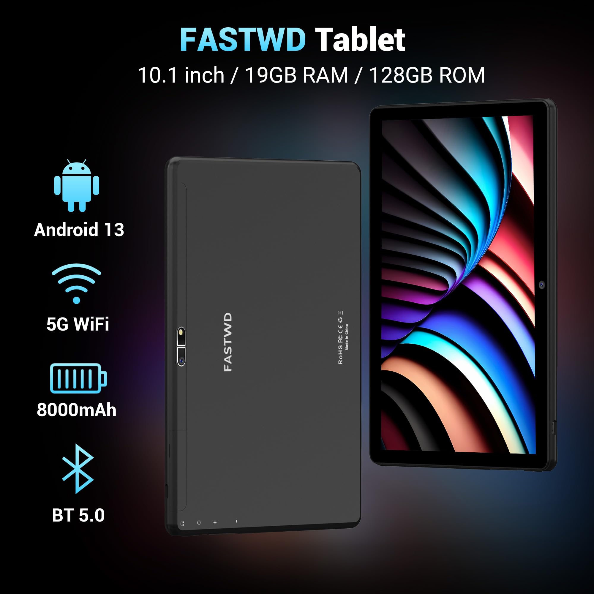 FASTWD 2024 Newest 10 Inch Android 13 Tablet - 5G WiFi, 19GB RAM + 128GB ROM (Expandable to 1TB), 8000mAh Battery, 2-in-1 Tablet with Keyboard, Stylus Pen & Mouse - Perfect for Work, Study & Entertainment (Black)