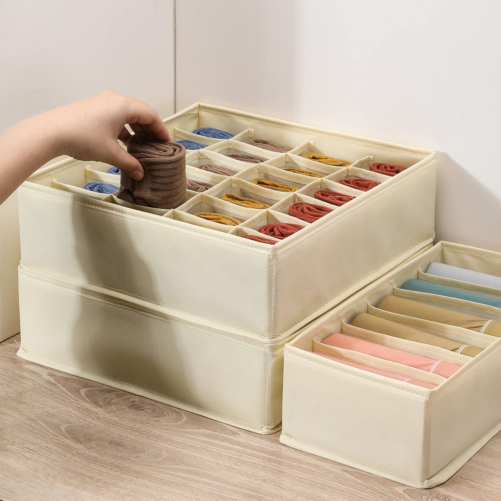 5 Pack Foldable Fabric Drawer Organizers - Sock & Underwear Storage Box, Dresser Closet Dividers for Baby Clothes, Undies, Handkerchiefs, Ties | Beige | Bedroom Cabinet Organization & Space Saving Solution