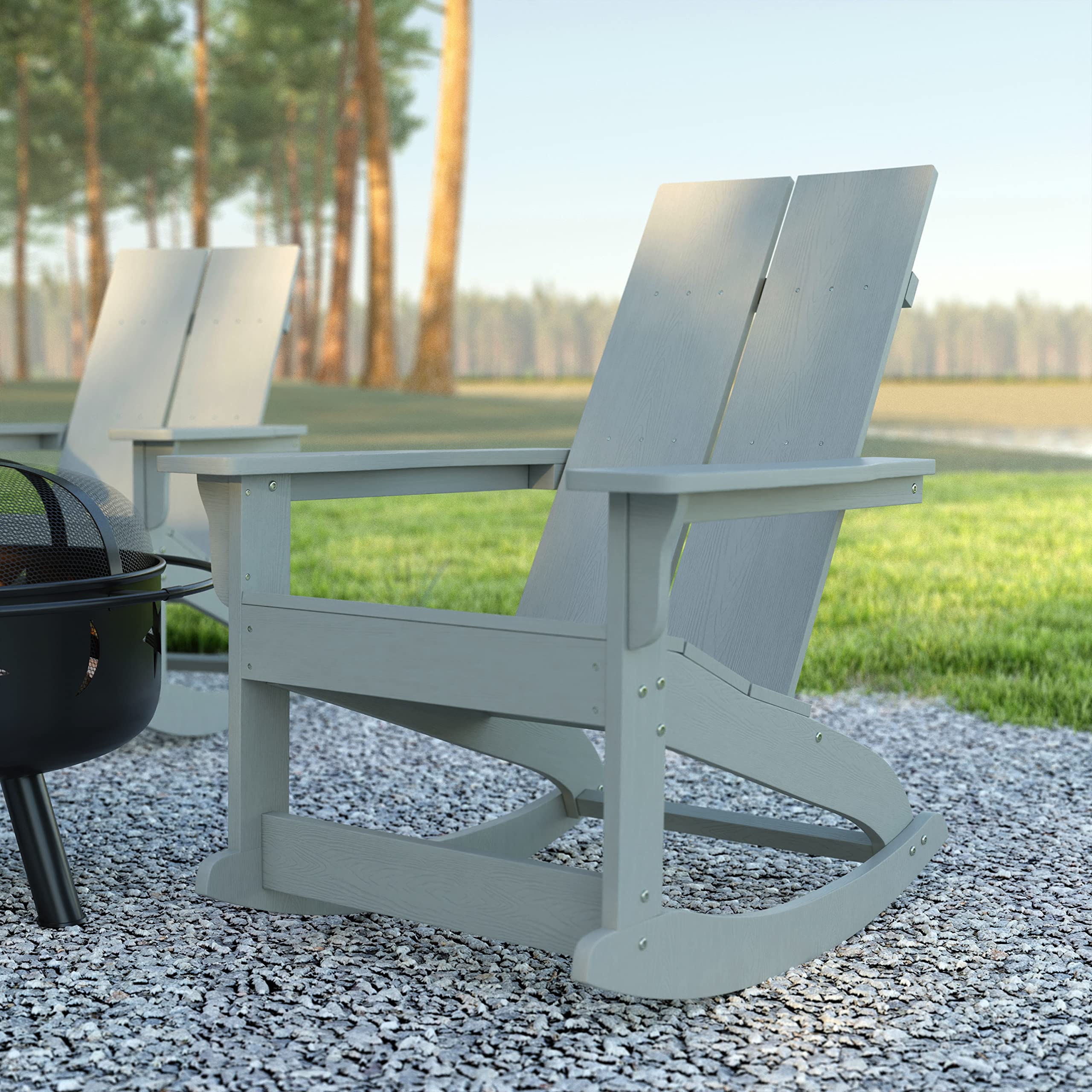 EMMA + OLIVER Harmon Adirondack Rocking Chair - Gray Poly Resin - Indoor/Outdoor All-Weather Rocking Chair - Easy Assembly - 350 lb Weight Capacity - Perfect for Patio, Garden, Porch & Backyard Relaxation