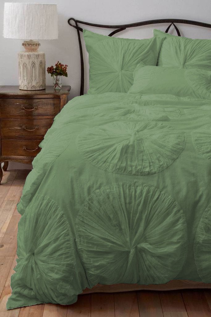 Flower Ruffle Duvet Cover - 1 Piece 300 Thread Count Egyptian Cotton Bedding Set for Full/Queen Size - Soft & Breathable Moss Green Duvet Cover for Bedroom Decor, Guest Room, or Master Suite