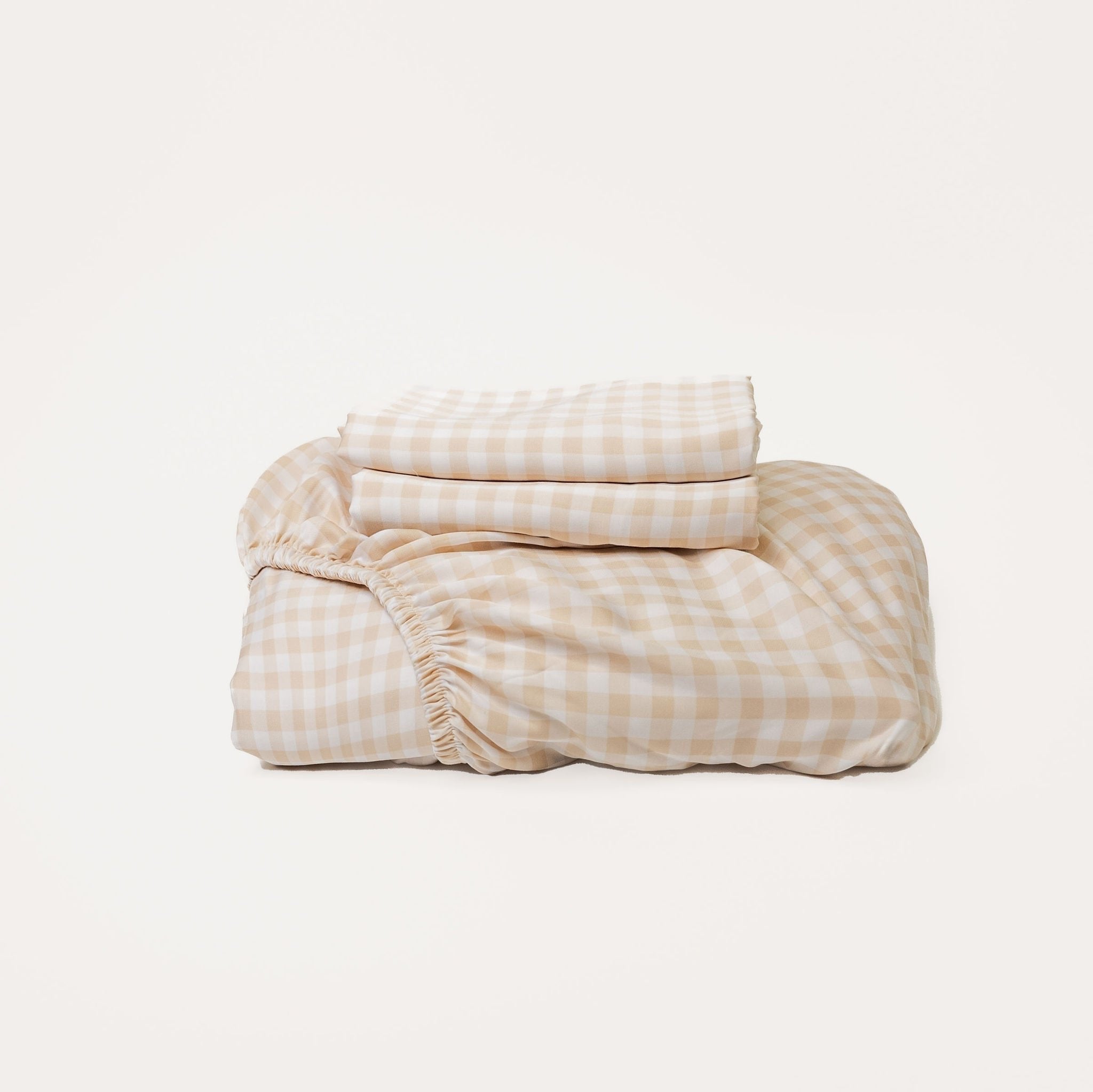 Organic Bamboo Fitted Sheet Set with Pillowcases - Breathable Oat Gingham Pattern Bedding for Comfortable Sleep - Perfect for Master Bedroom, Guest Room & Dormitory