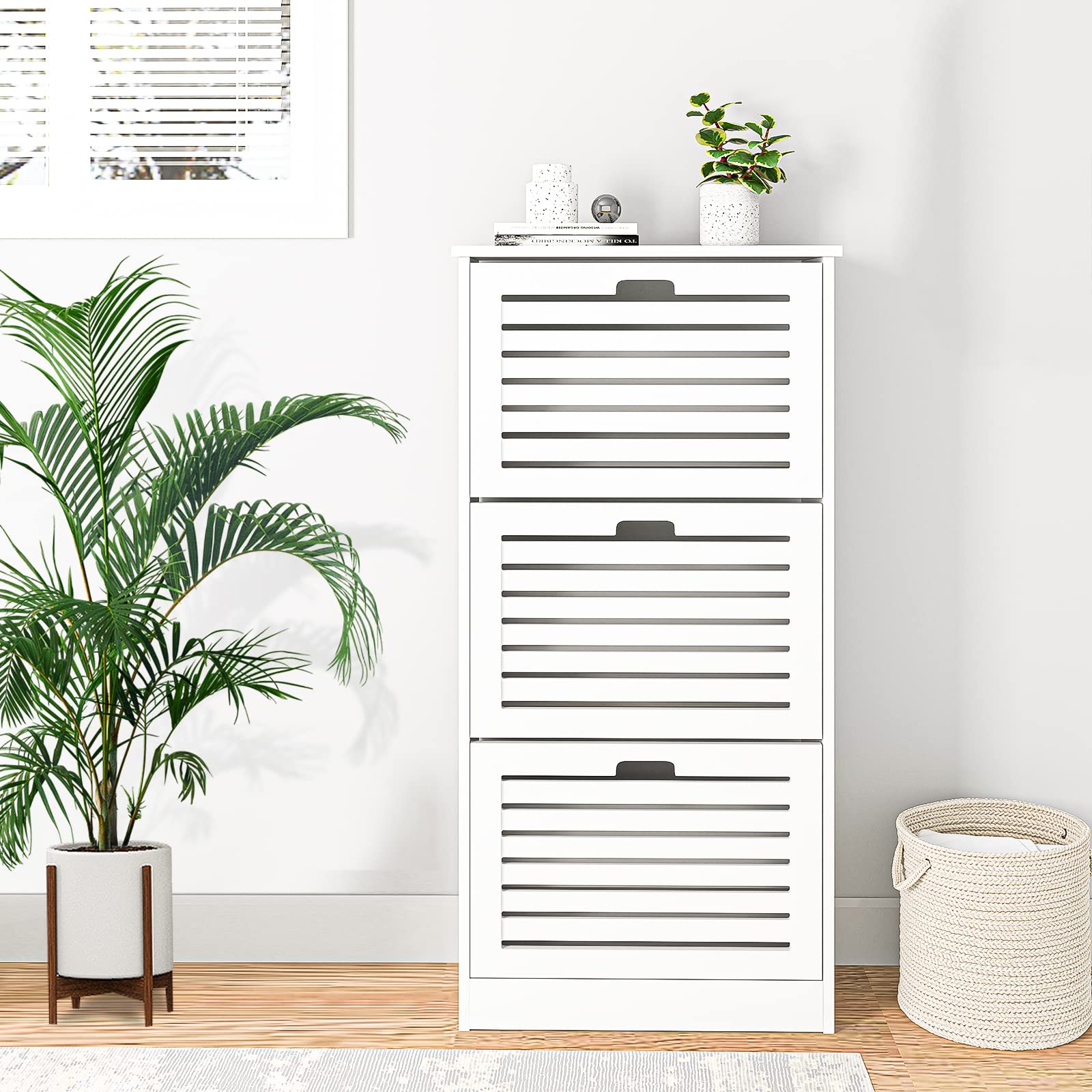VERYKE 3-Drawer Wooden Shoe Storage Cabinet - White Modern Shoe Organizer with Flip Doors & Anti-Tip Device - Freestanding Entryway Shoe Rack for Hallway, Living Room, Bedroom & Closet Organization