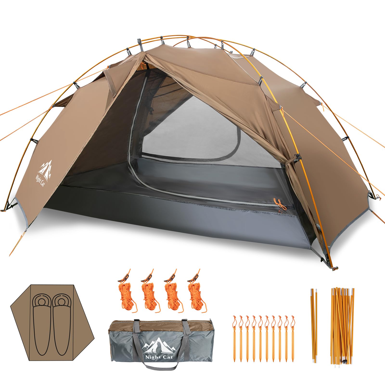 Night Cat 2-Person Backpacking Tent - Fast Setup, Lightweight & Waterproof Hiking Camping Tent with Foldable Poles, Double Layers & Dual Doors (7x4.4ft) - Perfect for Backpacking, Hiking & Outdoor Adventures