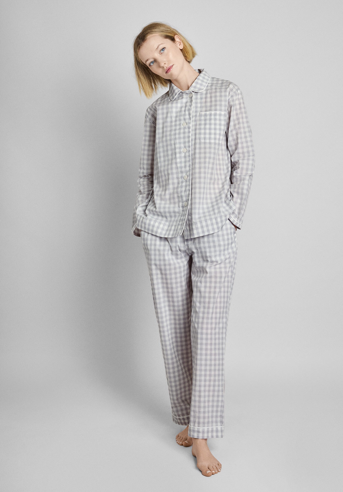 Bishop Pajama Set for Men - Soft Cotton Sleepwear, Large Size, Grey Gingham Pattern - Perfect for Lounging, Sleeping & Relaxing at Home