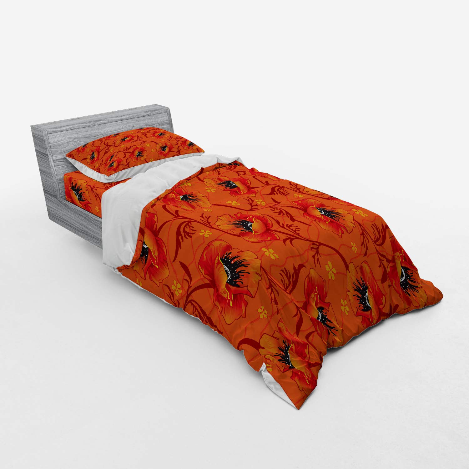 Ambesonne Orange Duvet Cover Set - Bohemian Floral Print 3-Piece Bedding Set with Sham & Fitted Sheet, Twin XL, Burnt Orange Yellow Black | Perfect for Bohemian Bedroom Decor, Guest Room & Dorm Room Styling