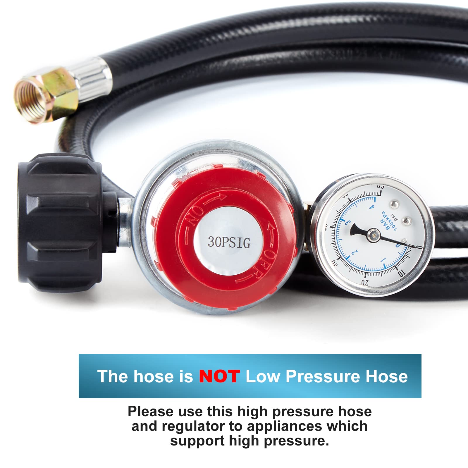 **WADEO 4 FT 0-30 PSI Adjustable High Pressure Propane Regulator with Hose & Gauge, 1/8