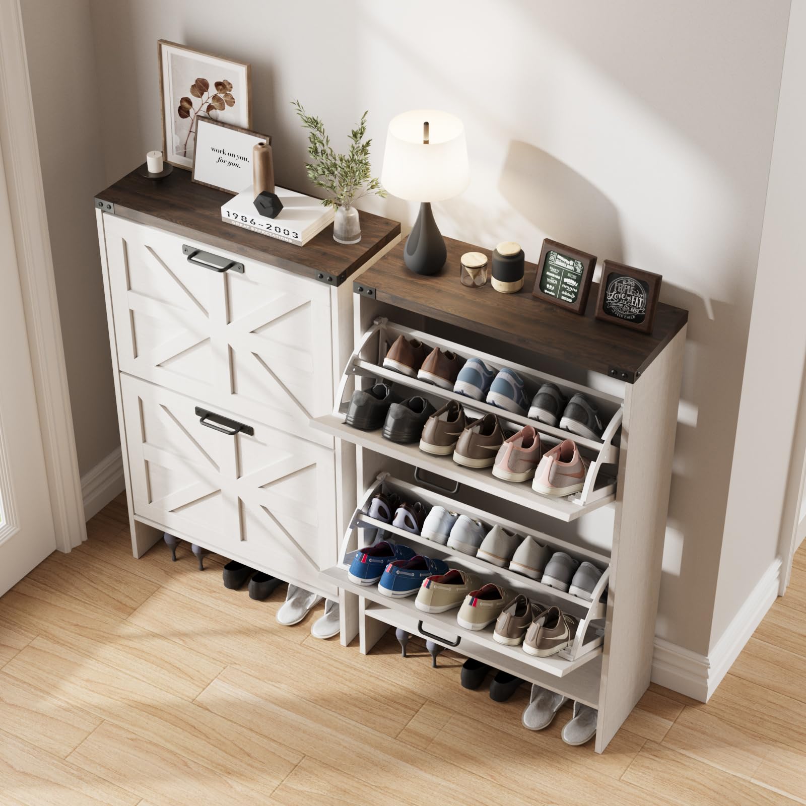 Farmhouse Style Slim Shoe Storage Cabinet with 2 Flip Drawers - Narrow Entryway Shoe Rack Organizer for Hidden Shoes - White - Perfect for Small Spaces, Apartments & Closet Organization