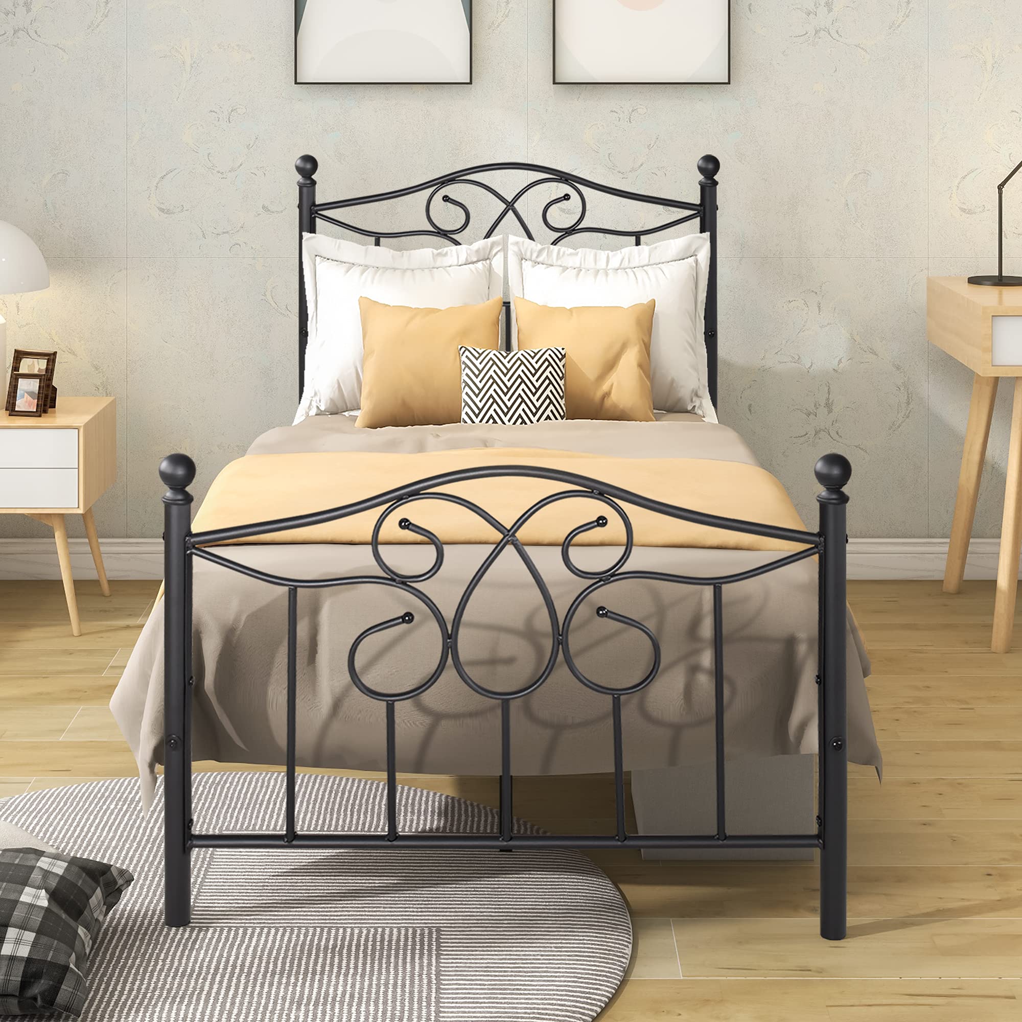 Full Size Metal Platform Bed Frame with Headboard & Footboard - Modern Mattress Foundation with Floral Design, No Box Spring Needed, Quiet & Sturdy, Easy Assembly - Perfect for Master Bedroom, Guest Room or Dorm (Black)