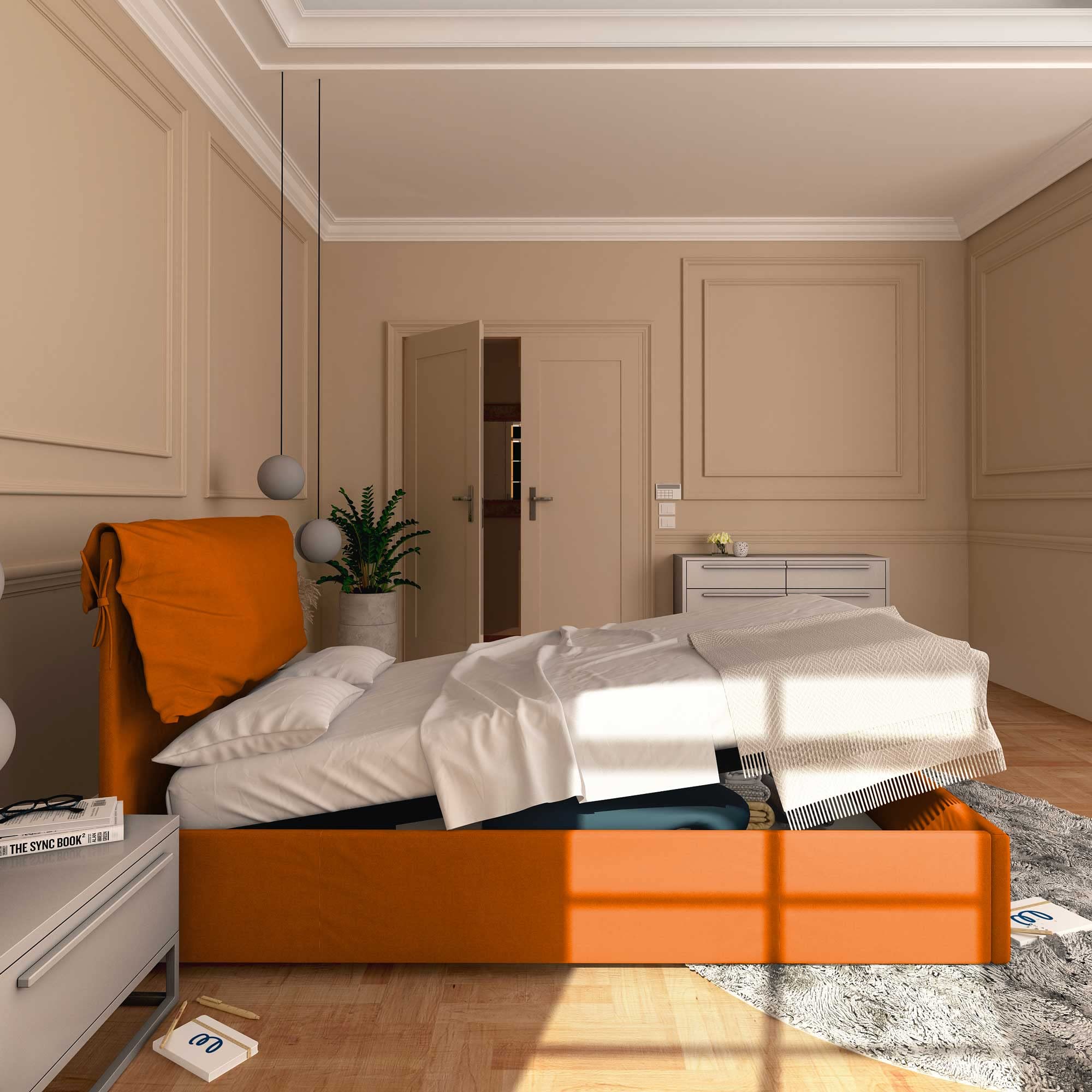 Baldiflex Single Bed with Storage - Licia Soft Synthetic Leather, Slatted Base for Single Mattress, 120 x 190 cm, Padded Headboard, Orange - Perfect for Small Bedrooms, Guest Rooms & Studio Apartments