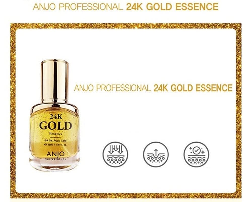 ANJO 24K Gold Skin Care Set - 6+2 Pieces (Toner 120ml, Emulsion 120ml, Essence 35ml, Cream 50g, Eye Cream 30g, Ampoule 35ml + Travel Size) - Anti-Aging Skincare Routine for Day & Night Use