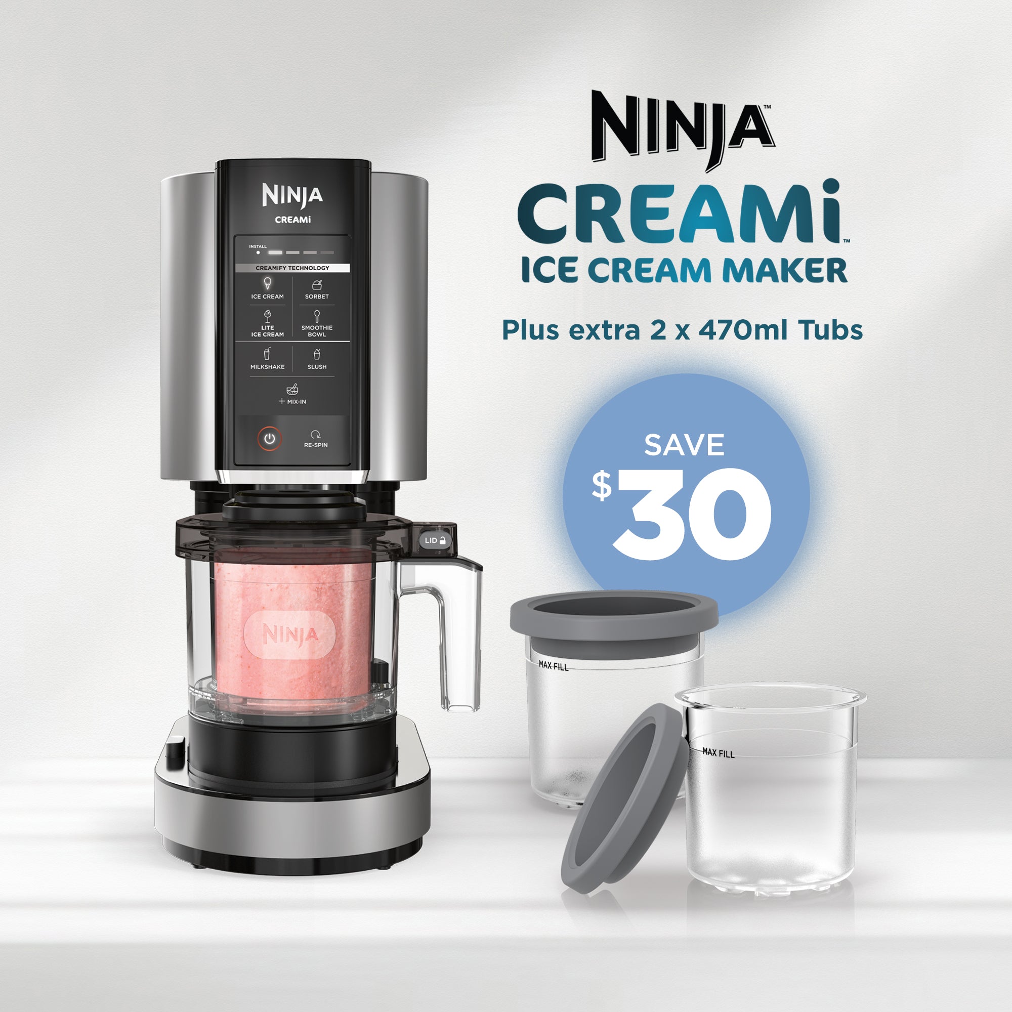 Ninja Creami Ice Cream Maker with 2 Extra 470ml Tubs - Homemade Gelato, Sorbet & Milkshake Maker - Perfect for Kitchen, Parties & Healthy Desserts
