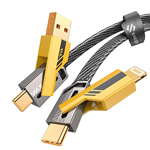 SHEZI 4-in-1 USB C to Lightning Cable 60W Fast Charging & Data Sync - Flat Braided Anti-Tangle iPhone Charger Cord with Velcro Strap - Multi Charging Cable Combo (Lightning/Type C/USB A) 5ft - Perfect for Home, Office, Travel & Car Charging