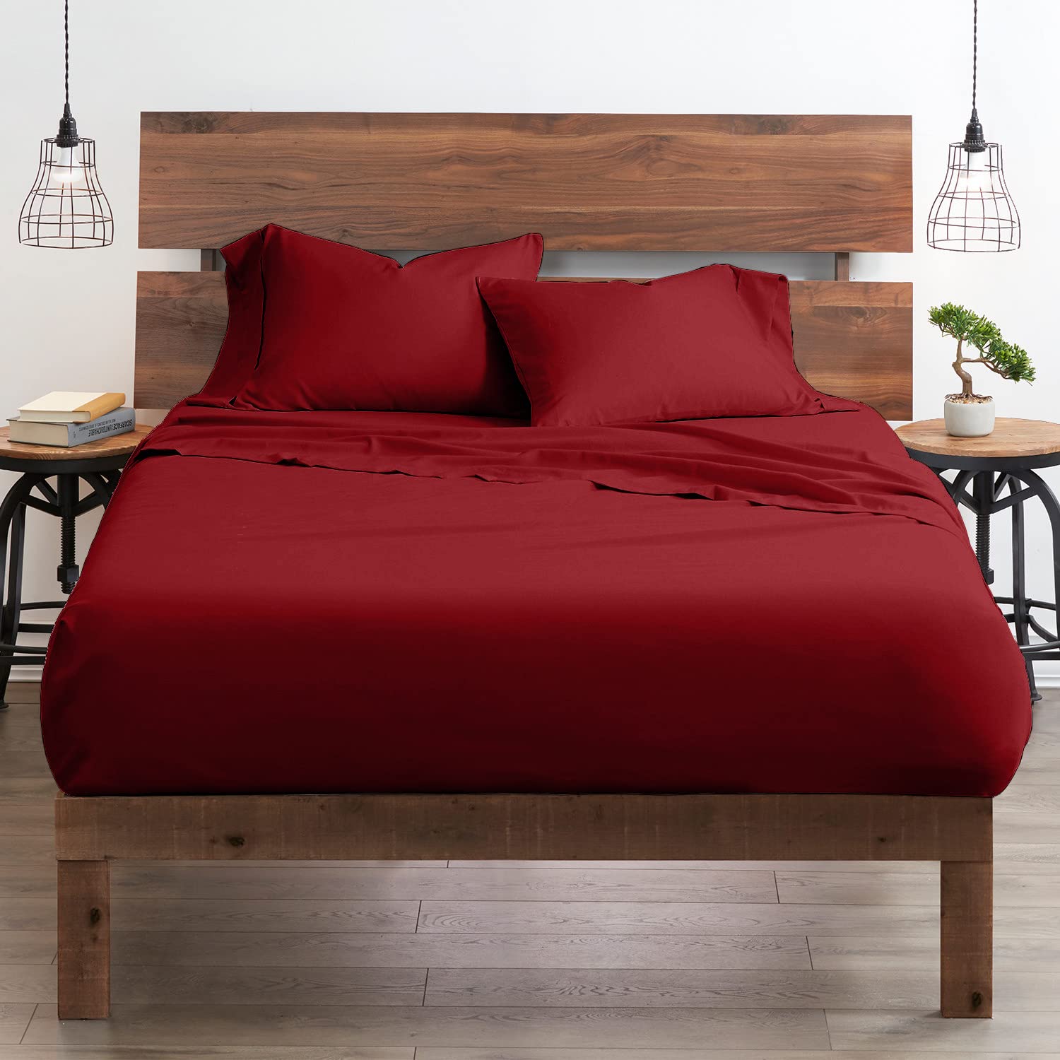 Premium 100% Certified Giza Cotton Pillowcase & Sheet Set - RV Short Queen Size, Soft Sateen Weave, Breathable Egyptian Cotton Fabric, Fits Up to 18-Inch Deep Pockets (Burgundy) - Perfect for RVs, Campers, and Small Bedrooms