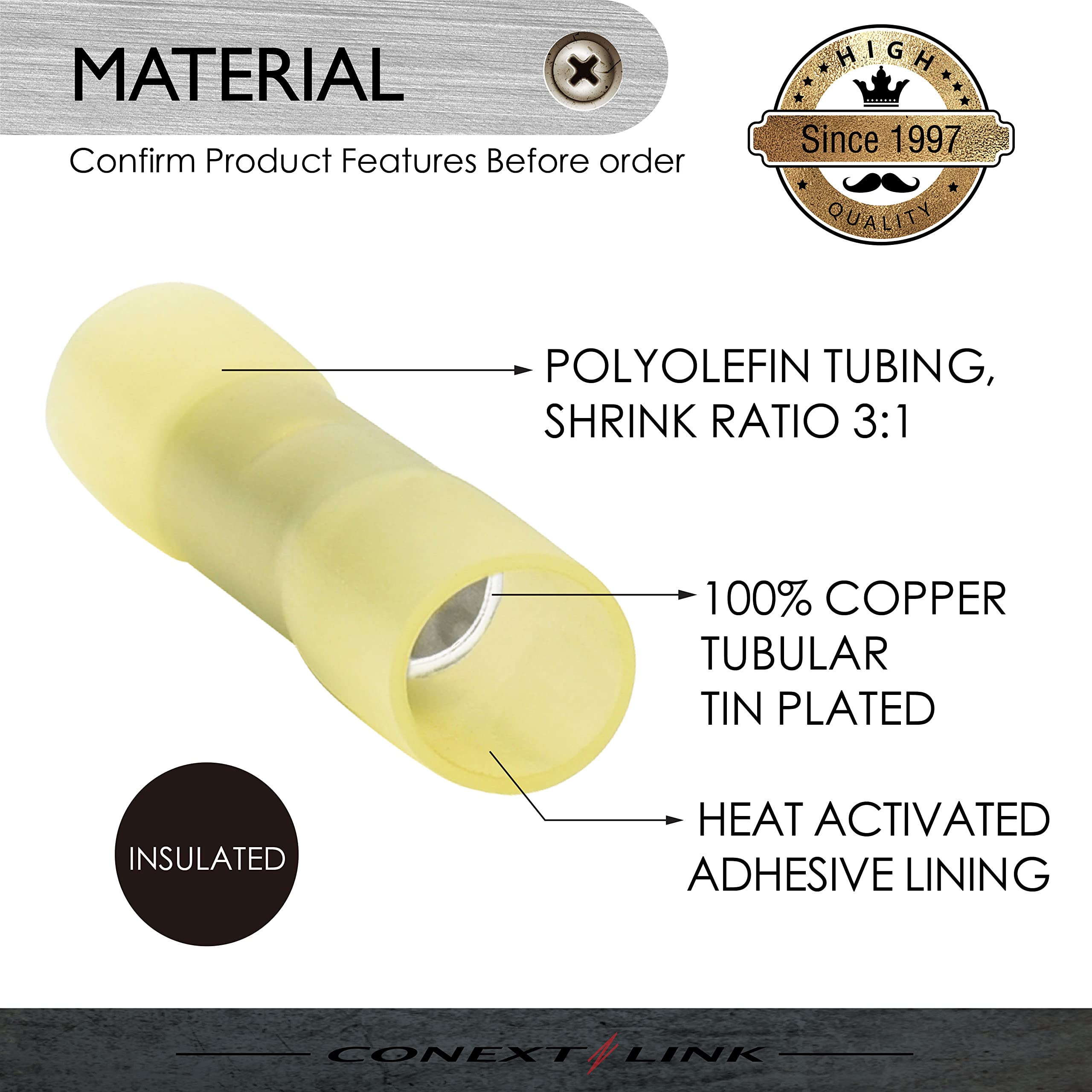 Conext Link BCHS-Y10 Heat Shrink Butt Connector 10 Pack (12-10 Gauge Yellow) - Waterproof Electrical Wire Connectors for Automotive, Marine & Home Wiring Repairs