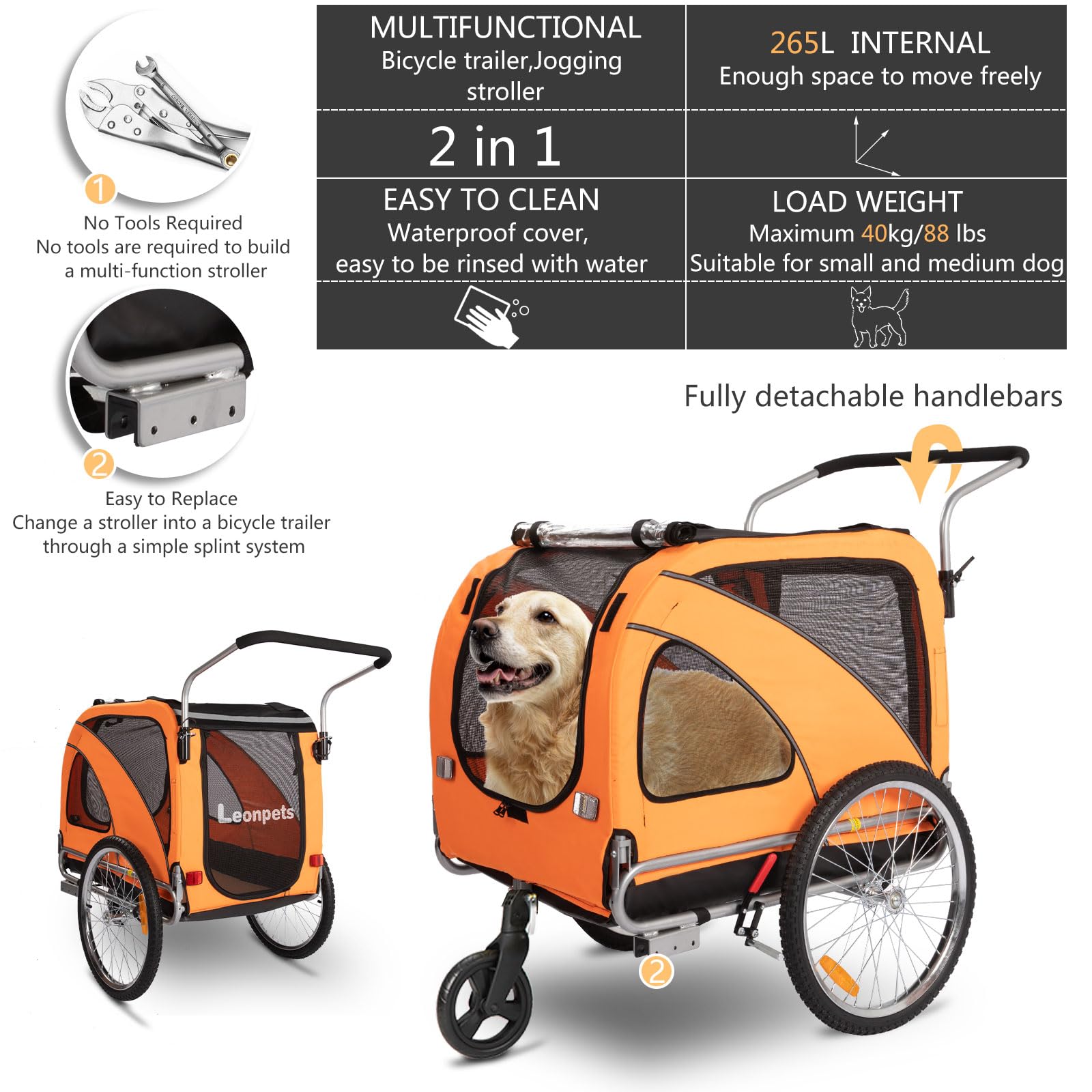 Sepnine 2-in-1 Large Dog Bike Trailer & Pet Stroller - Foldable Frame with Hand Lock Brakes, Universal Bicycle Coupler (Orange) - Perfect for Cycling Adventures & Outdoor Walks with Your Dog