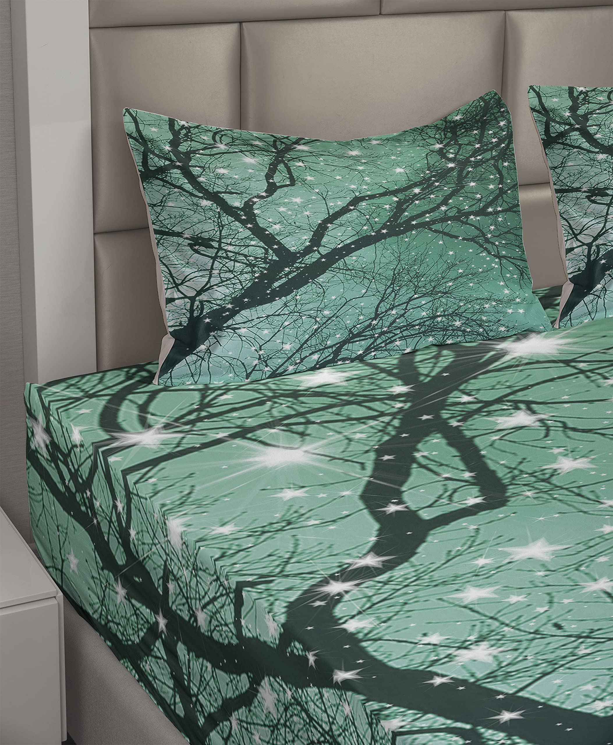 Ambesonne 4-Piece King Size Sheet Set - Monochrome Winter Tree & Stars Design, Fitted & Flat Sheets with Pillowcases, Dark Teal & Sea Green - Perfect for Cozy Winter Nights & Holiday Bedroom Decor
