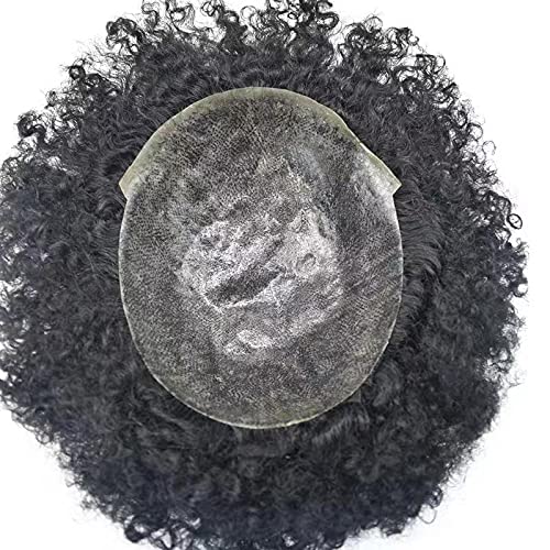 Afro Toupee for Black Men - African American Full Poly Thin Skin Hair System | Brazilian Human Hair Replacement with Weaves (8x10 Inches, #1 Jet Black, 12mm Afro Wave Curl) | Perfect for Daily Wear, Special Occasions & Hair Loss Solutions