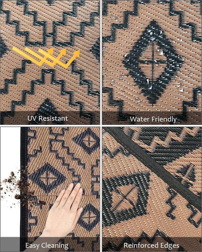 LILIOFFIC 5'x8' Reversible Outdoor Rug - Waterproof Plastic Straw Mat for Patio, Deck, RV, Camping, Beach & Picnic | Indoor/Outdoor Use | Durable Black & Brown Design for All-Weather Protection