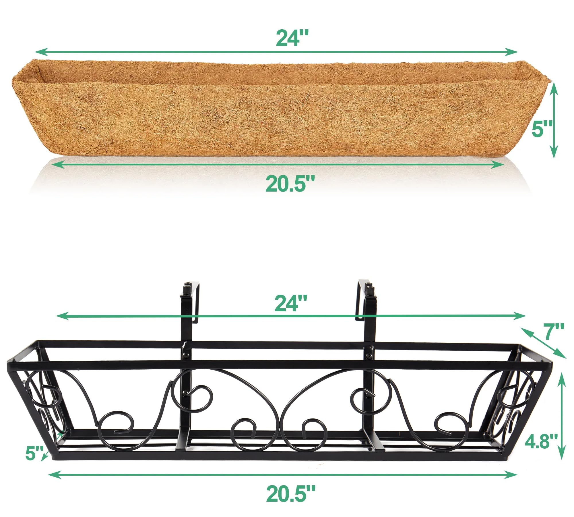 2 Pack 24 Inch Window Box Planter with Coco Liner - Metal Hanging Flower Basket for Deck, Railing, Indoor & Outdoor Use - Perfect for Herbs, Flowers, and Small Plants in Home Garden Decor