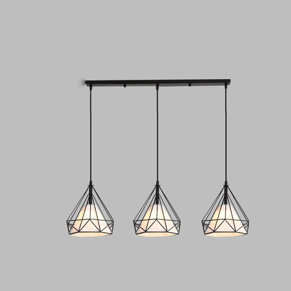 3-Light Wrought Iron Pendant Light Fixture with Wire Cage Lampshade - E27 Base Diamond Style Suspension Lamp - Nordic Minimalist Hanging Light for Dining Room, Kitchen Island, Balcony, Bar, Cafe & Bedroom (Black)