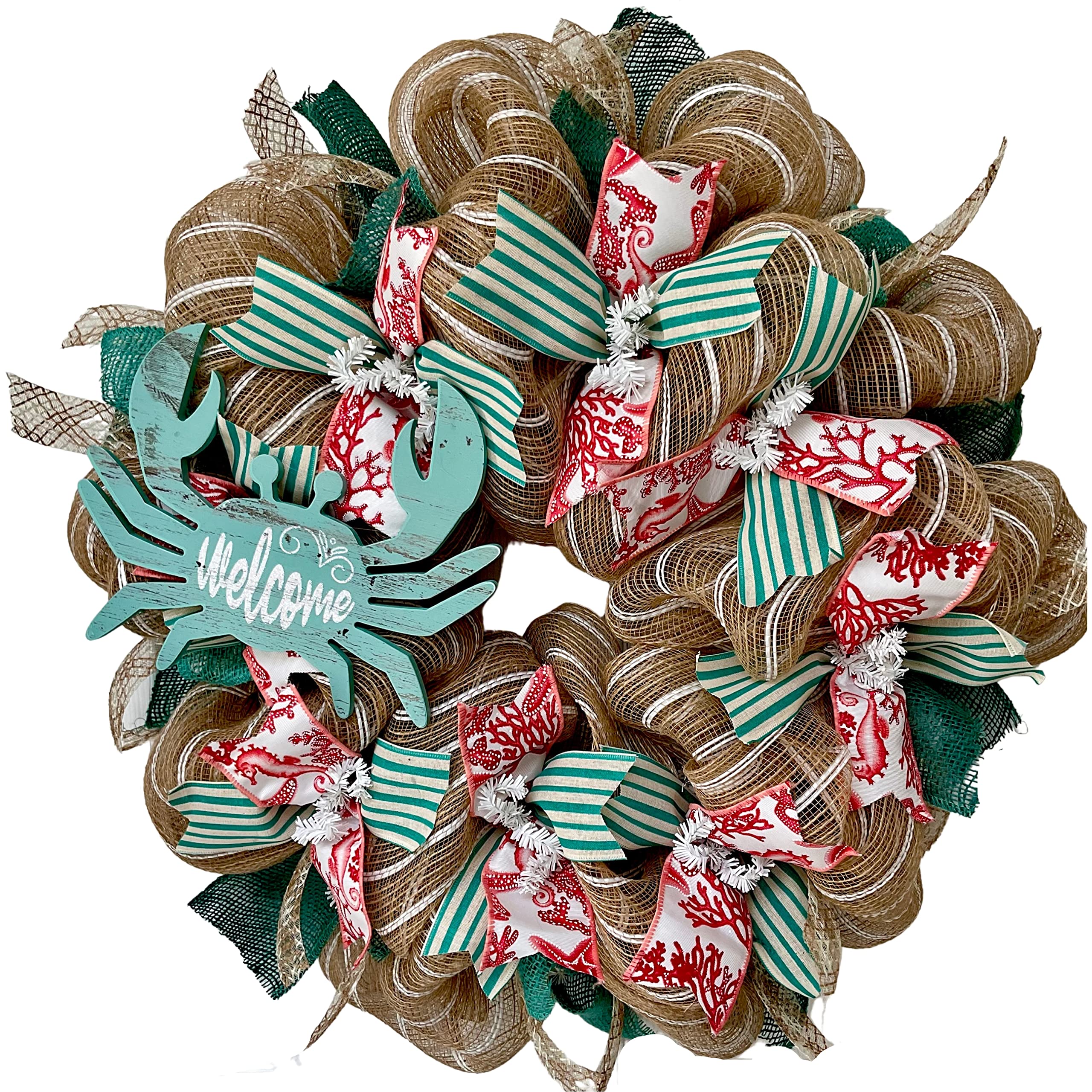 Handmade Crab Deco Mesh Beach Wreath - Coastal Decor for Summer, Front Door, Porch & Patio | Nautical Themed Welcome Sign for Beach House & Vacation Homes