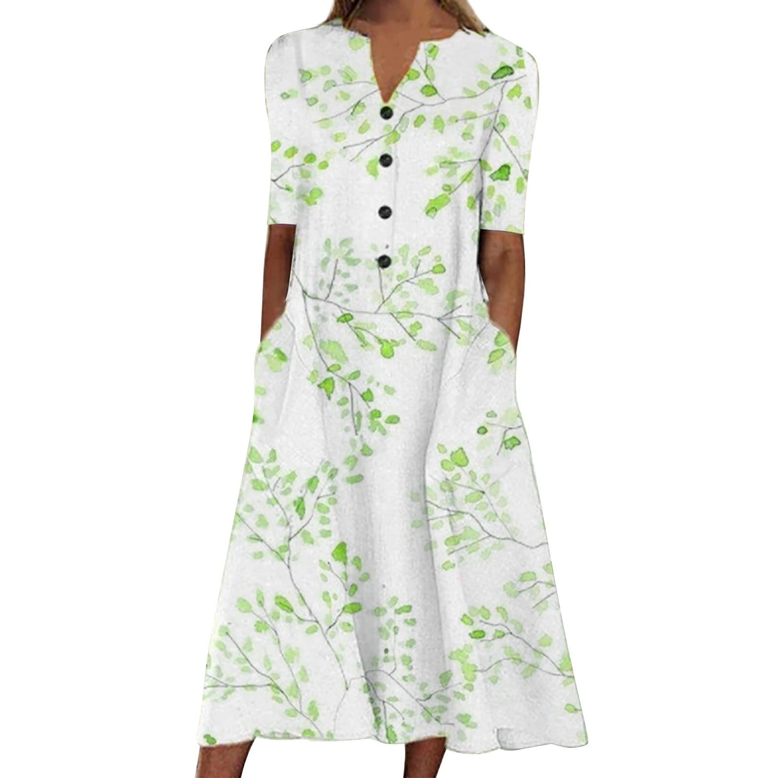 Women's Casual Summer Striped Button-Down V-Neck Short Sleeve Pocket Midi Sundress - Floral Print Beach Dress for Vacation, Holiday & Outdoor Activities