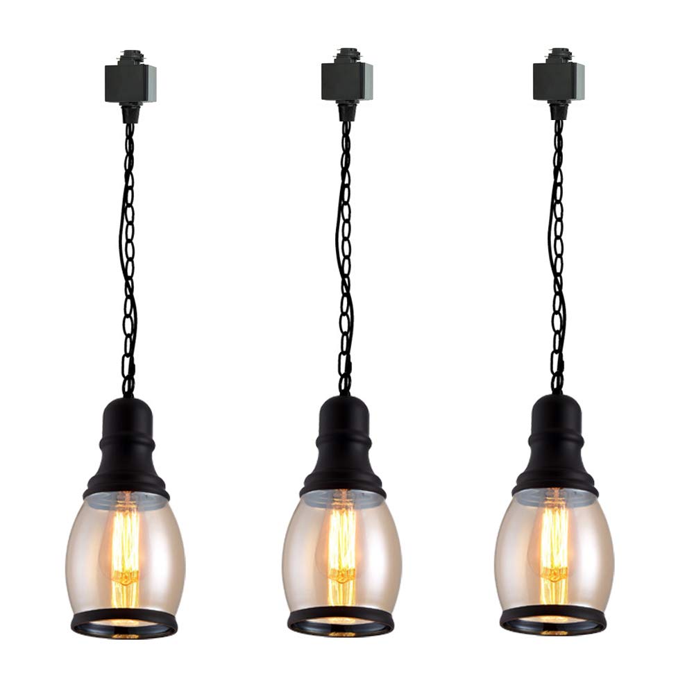 Vintage Industrial Oval Dimmable Pendant Light with Brown Glass Shade - H-Type Track Lighting System, Adjustable Iron Chain & Customizable 3-Light Halo Design | Perfect for Kitchen Islands, Dining Rooms & Modern Farmhouse Decor