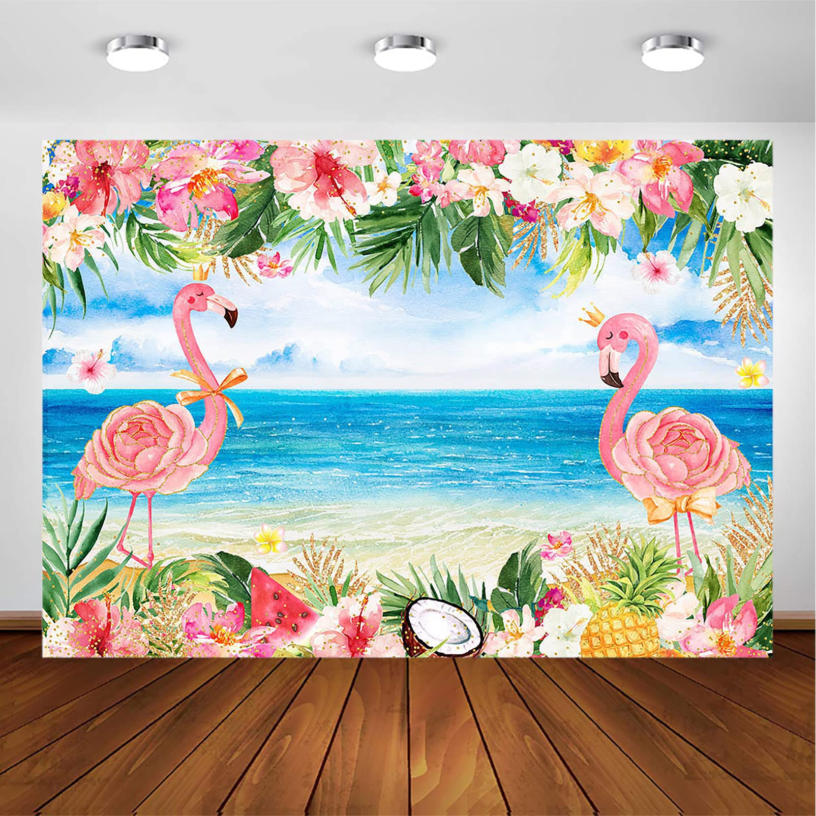 Premium 8x6ft Flamingo Party Backdrop - Tropical Hawaiian Beach Theme with Summer Flowers & Palm Leaves - Perfect for Girls' Photoshoot, Birthday Decorations & Beach-Themed Events