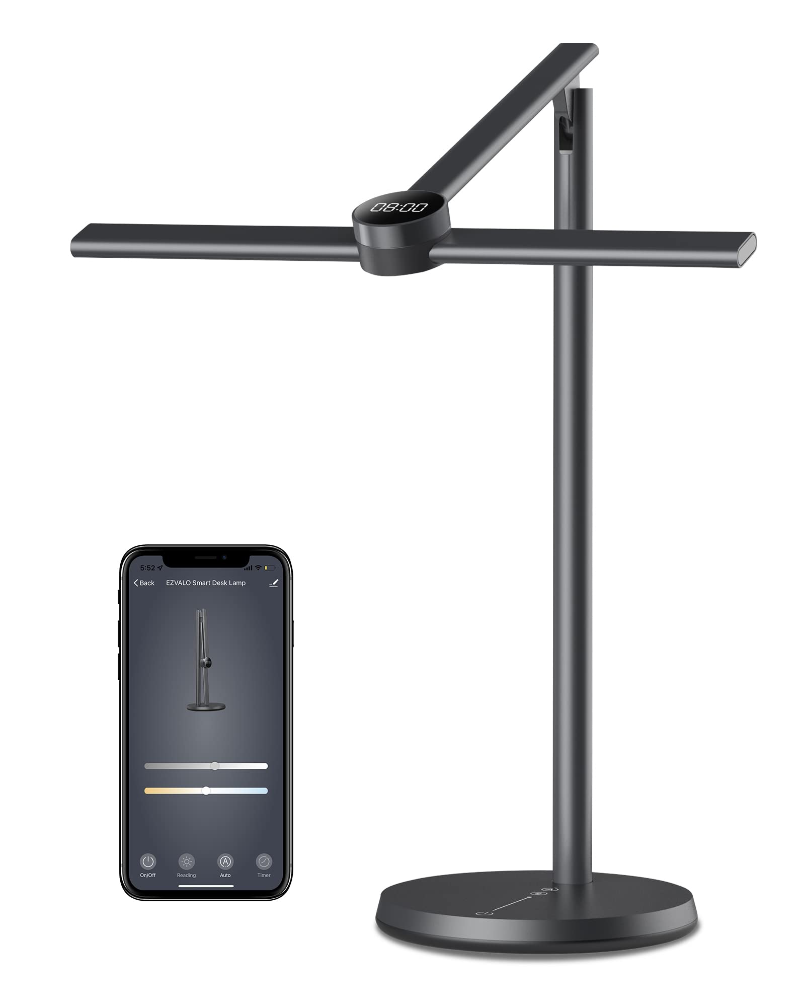 EZVALO Smart LED Desk Lamp with APP Control & Auto-Dimming - 3 Color Temperatures, Alexa & Google Assistant Compatible - Eye-Caring Study Lamp with Built-in Clock for Home Office, Reading & Night Studying