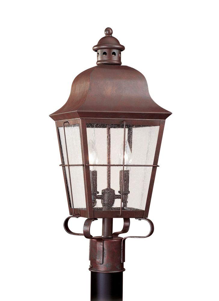 Sea Gull Lighting 8262-44 Chatham Two-Light Outdoor Post Lantern with Clear Seeded Glass Panels, Weathered Copper Finish, Brown - Elegant Outdoor Lighting for Porch, Garden, and Pathway Illumination