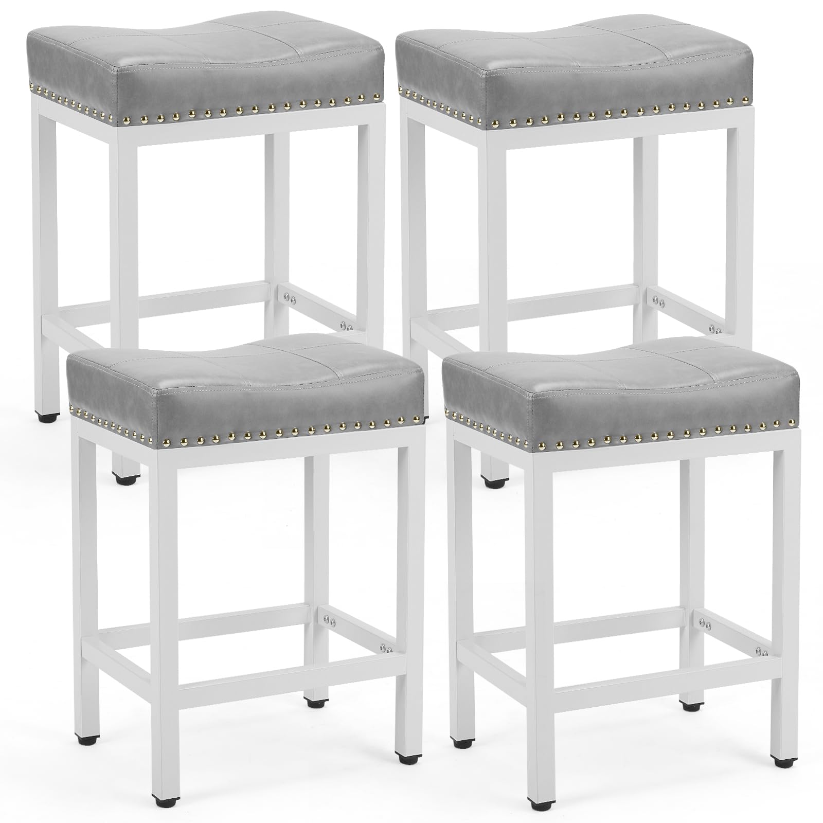 DUMOS 24 Inch Counter Height Bar Stools Set of 4 - Modern Upholstered Kitchen Stools with Metal Base & PU Leather Seat - Grey - Perfect for Kitchen Island, Breakfast Bar, and Dining Room