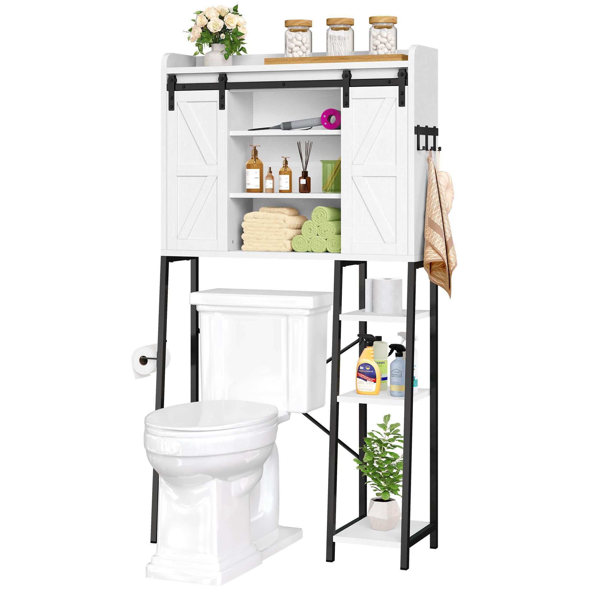 YITAHOME White Over The Toilet Storage Cabinet with Shelves, Side Rack & Hooks - Space-Saving Bathroom Organizer for Toilet Paper, Towels & Laundry Supplies - Perfect for Small Bathrooms, Apartments & RV Living