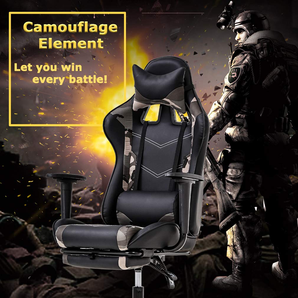 Ergonomic Gaming Chair with Lumbar Support & Headrest - PU Leather Racing Office Desk Chair for Adults - Adjustable Swivel Computer Chair with Footrest & Massage Function - Perfect for Home Office, Gaming Setup & Workstation (Camo Design)