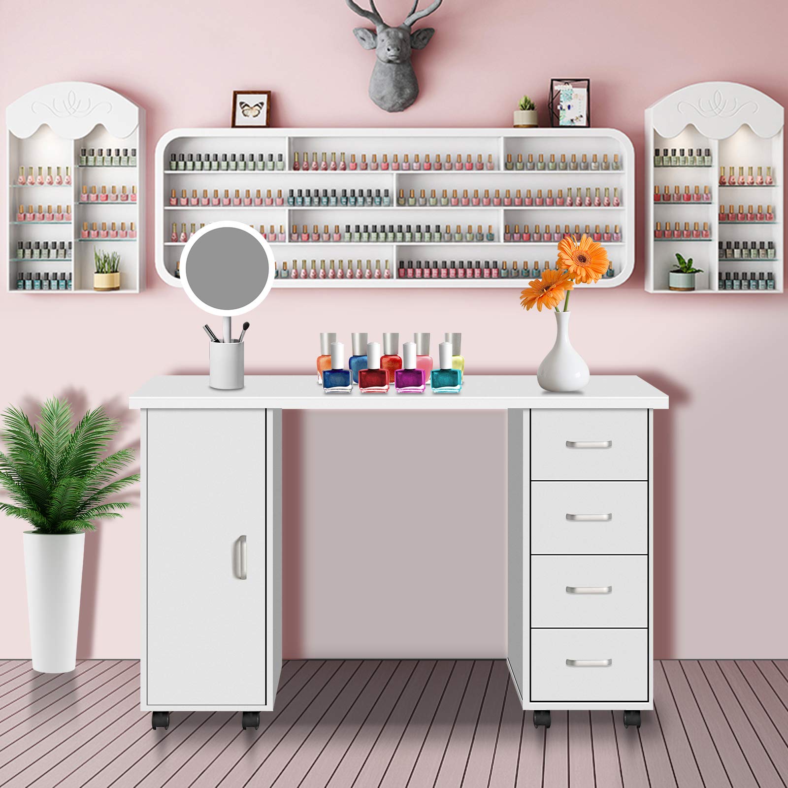 Professional Rolling Nail Art Station with 4 Drawers & Cabinet - Mobile Manicure Table for Salon & Home Use - White Wooden Beauty Technician Workstation | Perfect for Nail Spa, Home Manicures & Professional Nail Services