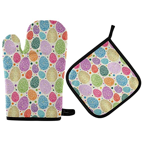 Colorful Easter Painted Eggs Oven Mitts & Pot Holder Set - Heat Resistant Kitchen Gloves with Laced Flower Design for Baking, Grilling, BBQ - Perfect for Holiday Cooking & Home Decor