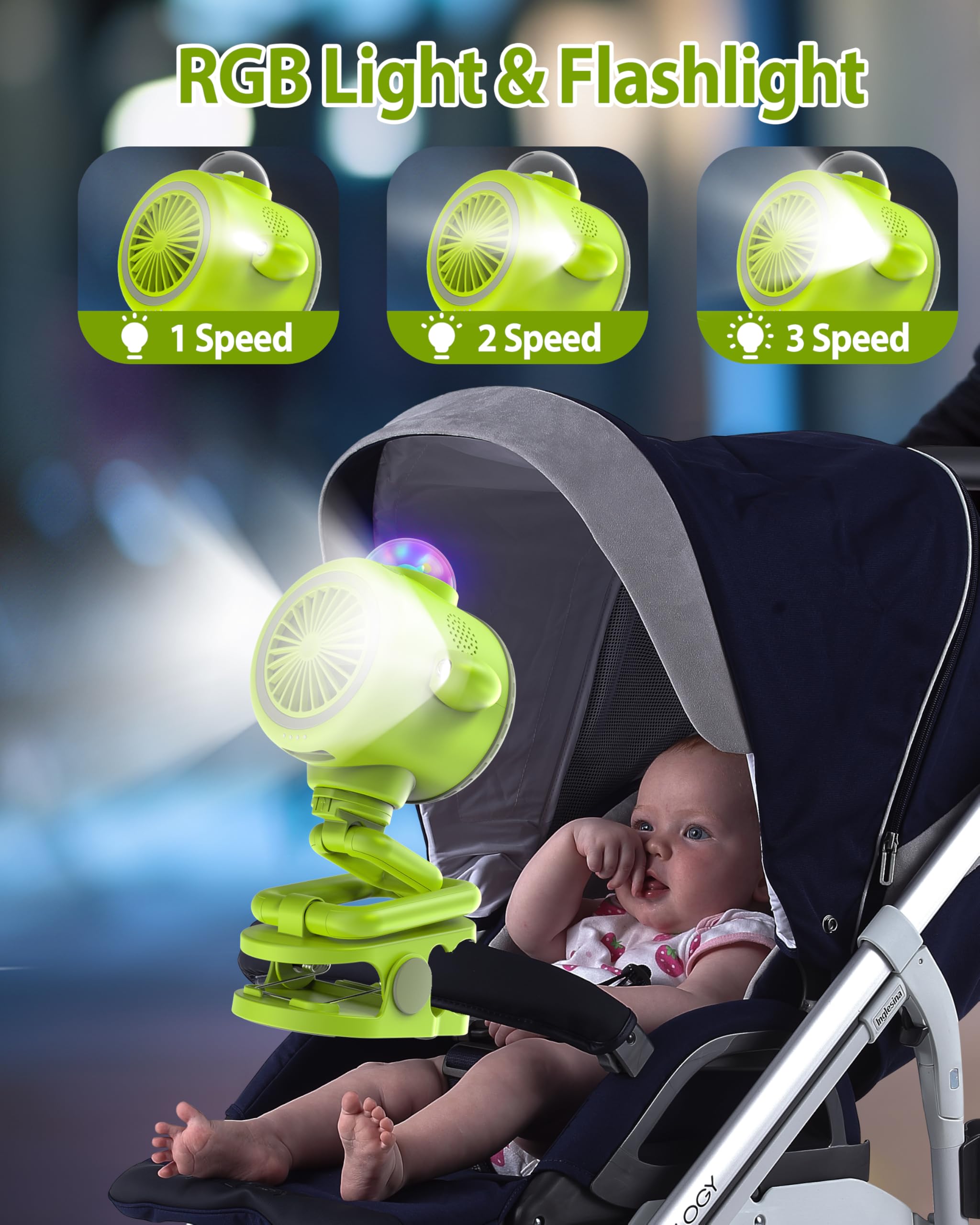Portable Baby Stroller Fan with 5000mAh Battery - Bluetooth 5.1, Colorful LED Lights & Flashlight - 5 Speed Settings, 15H Runtime, 120° Auto Oscillating - Perfect for Car Seats, Cribs, Travel & Outdoor Activities