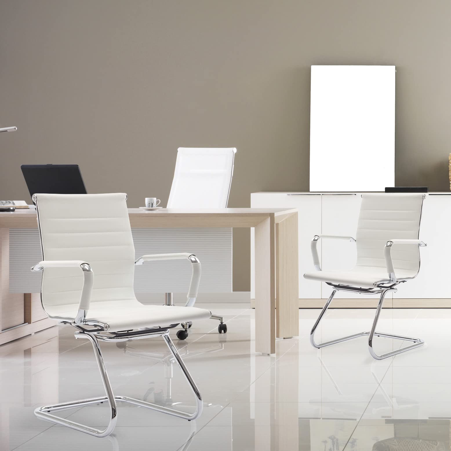 Wahson Office Guest and Reception Chairs - Leather Mid Back Conference Chairs with Sled Base for Meeting Room, Lobby, Waiting Area - White (Set of 6) - Perfect for Corporate Offices, Hotels, and Reception Areas