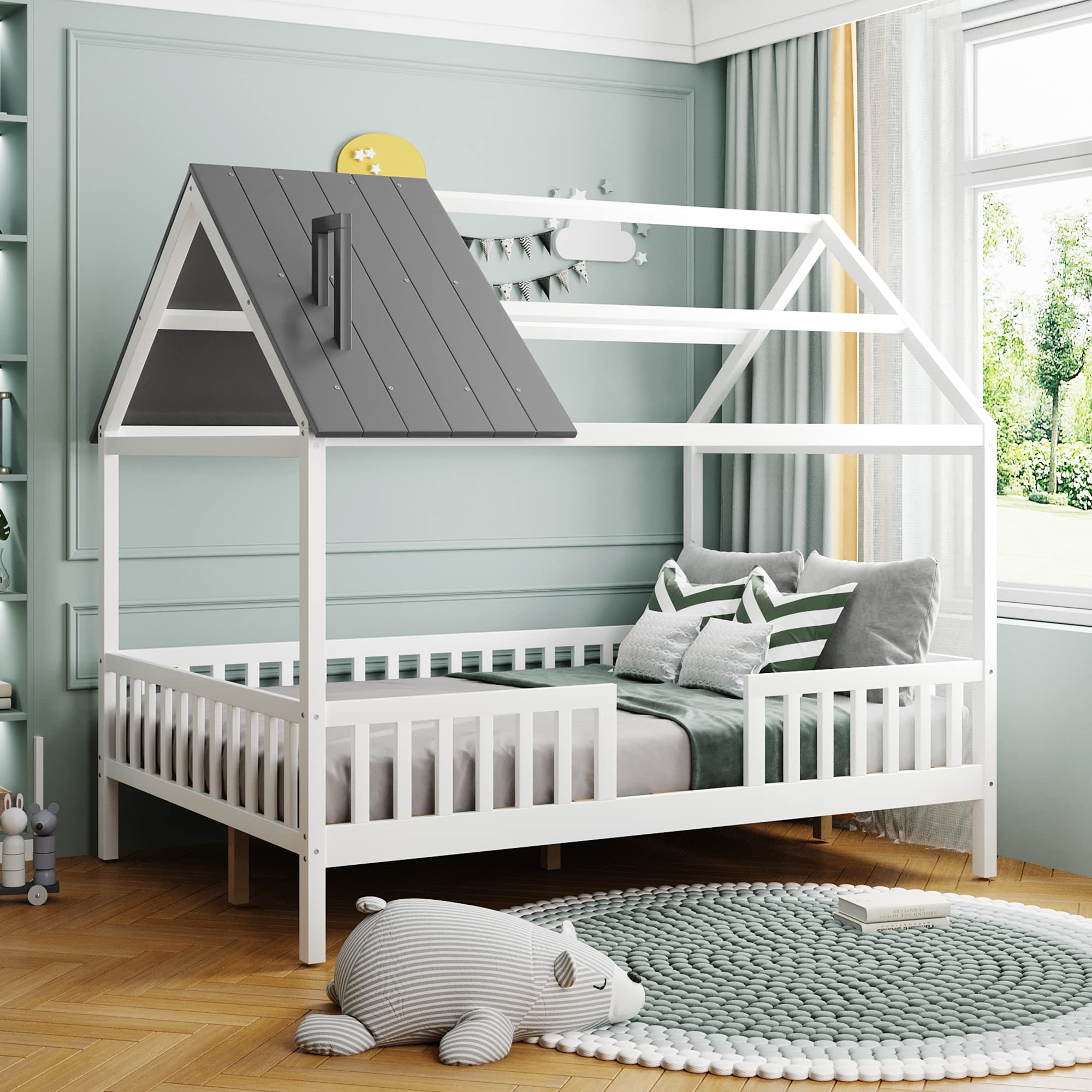 Wooden House Bed Frame with Guardrails for Kids - Easy Assembly, No Box Spring Needed, White/Gray - Perfect for Bedrooms & Playrooms