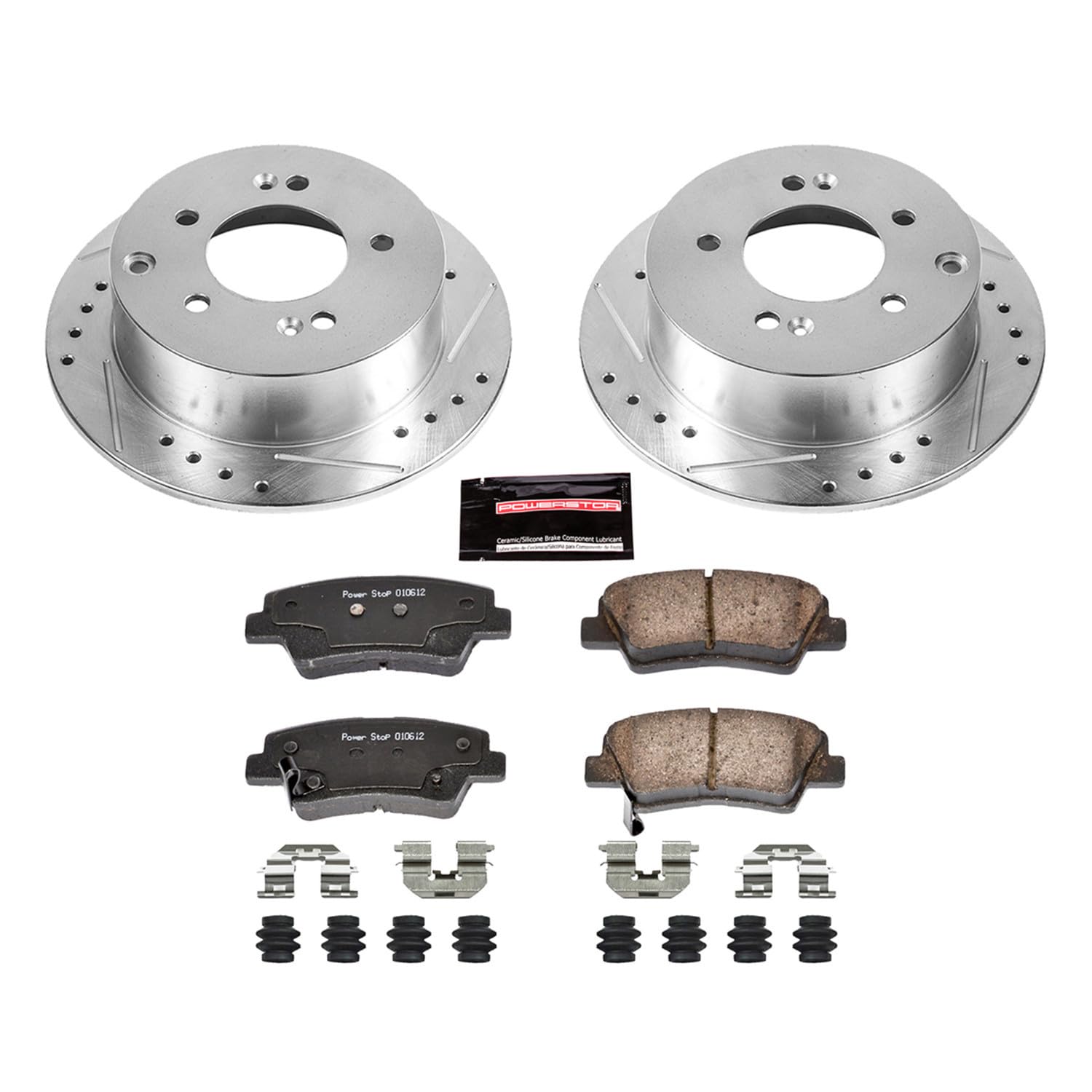 Power Stop K5916 Rear Z23 Carbon Fiber Brake Pads with Drilled & Slotted Brake Rotors Kit - Compatible with Kia Soul 2010-2013 | High-Performance Braking for City Driving & Daily Commutes