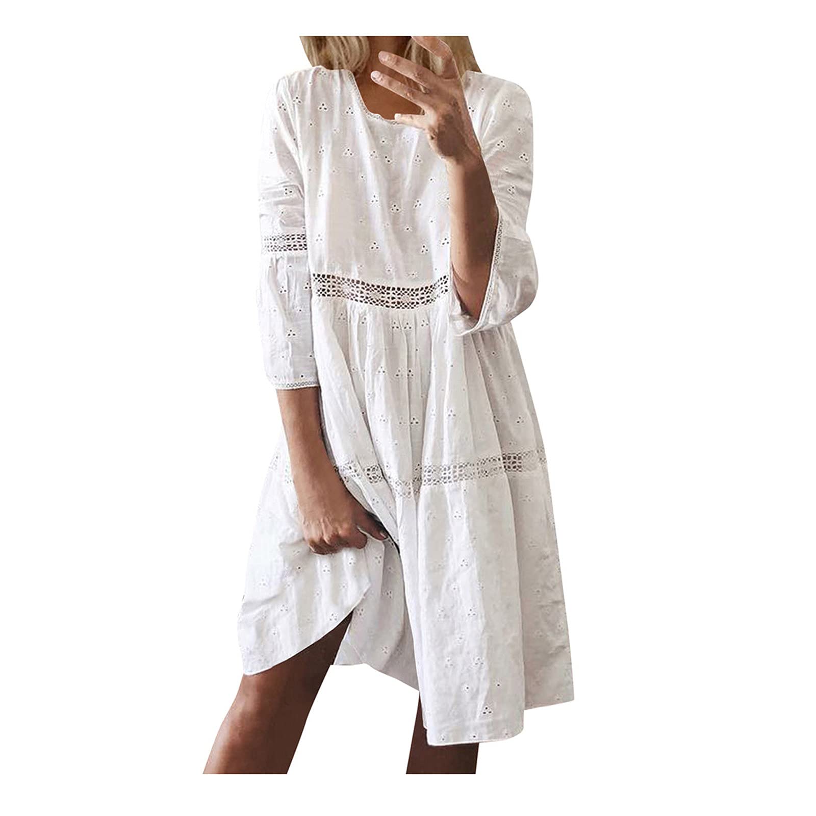 Boho Summer Dresses for Women - Solid Neck Hollow Out Sleeve Casual Midi Dress | Perfect for Beach Vacation, Date Night & Outdoor Parties