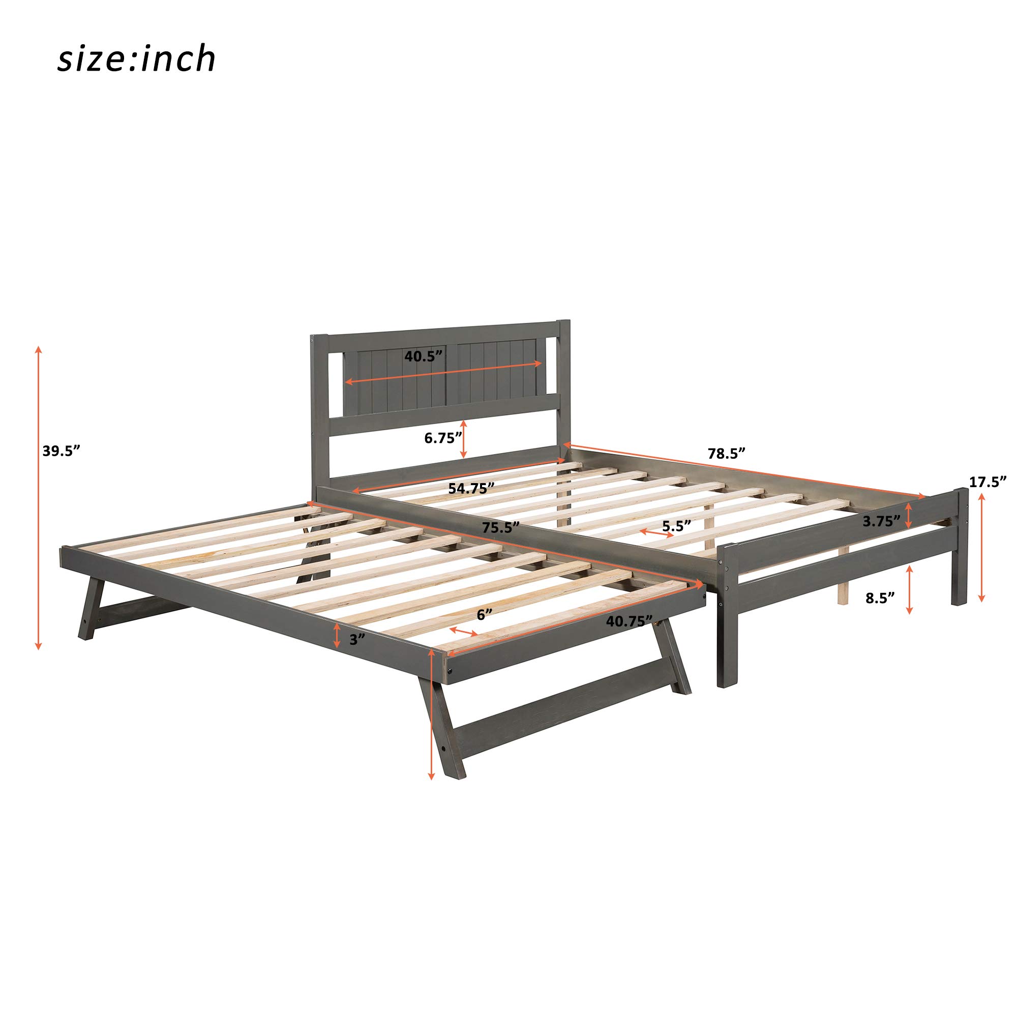 Twin Size Solid Wood Platform Bed Frame with Adjustable Pull-Out Trundle and Headboard - Space Saving Kids Bed for Small Rooms & Guest Bedrooms (Full Size, Grey)